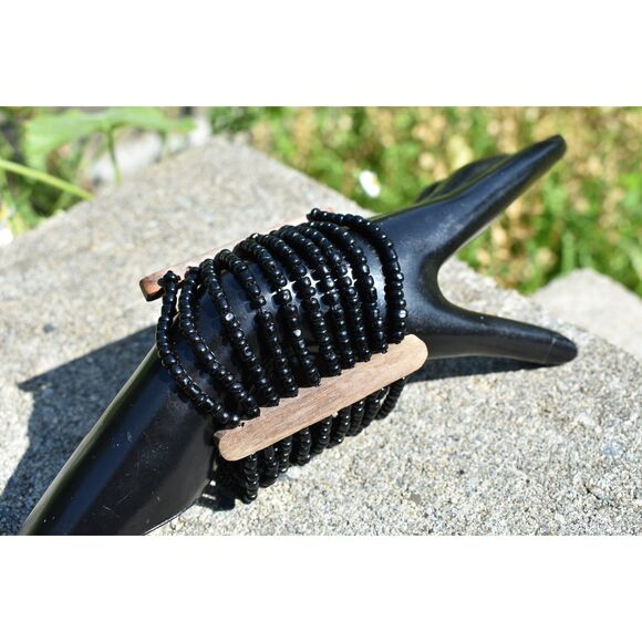 Sleek Black Beaded Bangle with Natural Wooden Staves Timeless Statement Piece - Picture 5 of 6